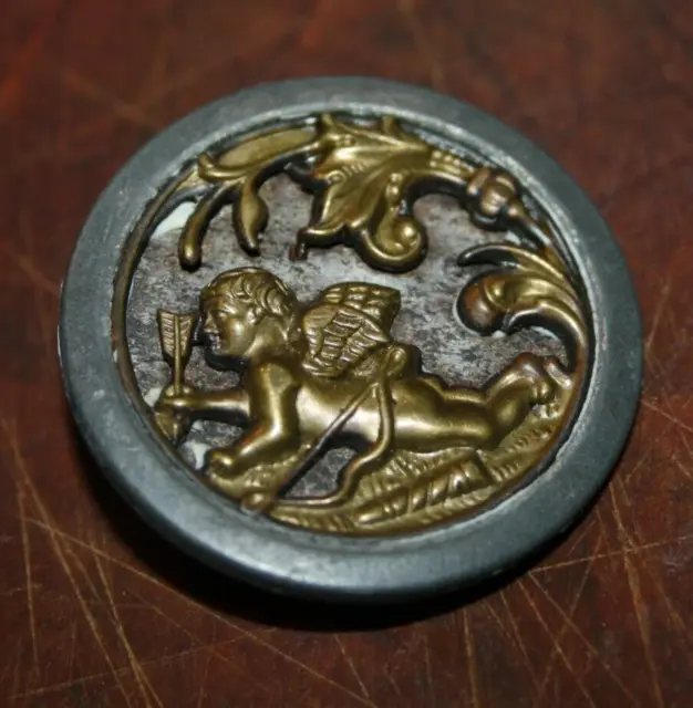 Large Antique Victorian "Cupid at Rest" Picture Button Brass Metal