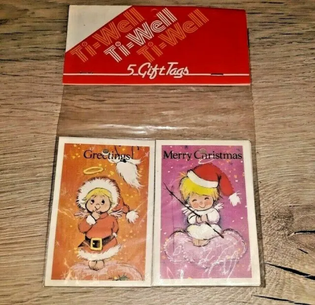 5 Etiquetas De Regalo De Navidad De Colección Ti Well 1970 Nuevas Lindas Diseños De Ángel Pop