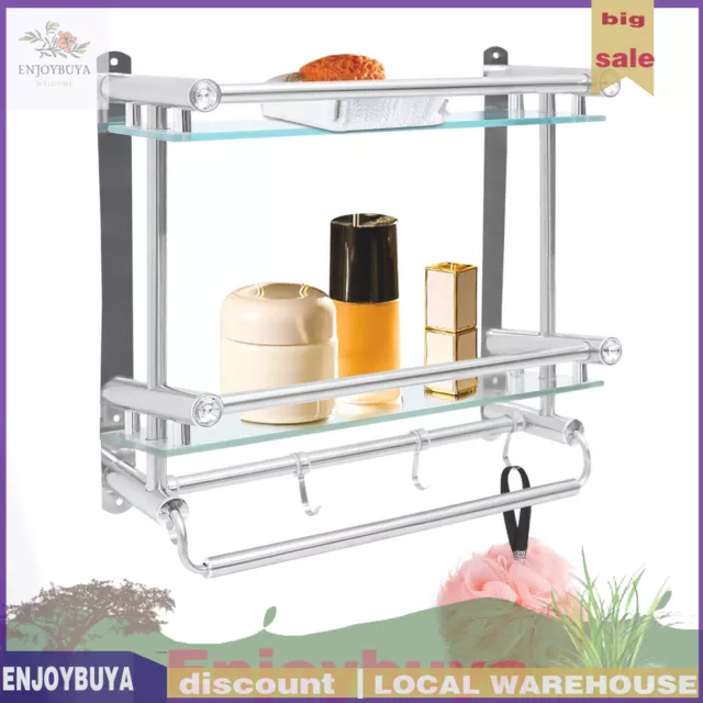 3 Tier Wall Mounted Towel Rack Bathroom Storage Glass Shelf With Towel Bar