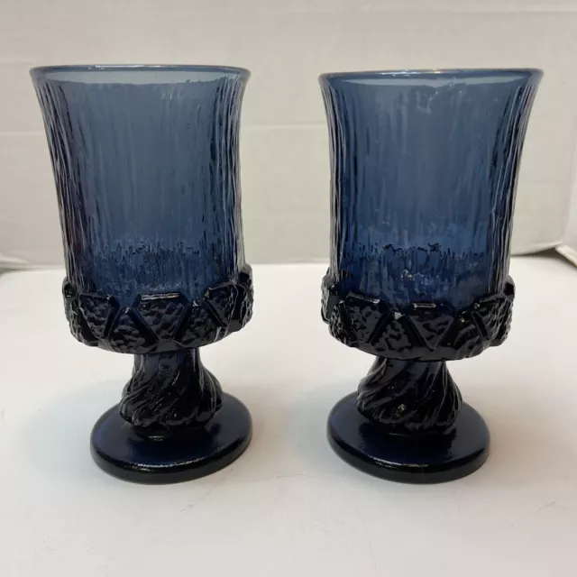 Vintage Fostoria Sorrento Dark Blue Water Wine Goblets Glass 5 7/8" Set of 2