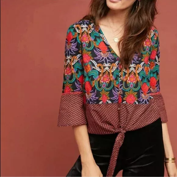 Anthropologie Blouse Women’s Sz 10 Maeve Carter Floral Tie Front Nwt Boho