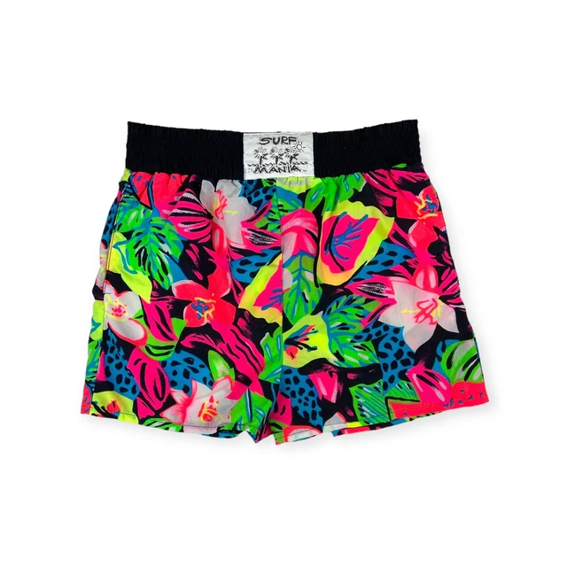 Surf Mania Men's Vintage Neon Floral Hawaiian Swim Trunks Unlined