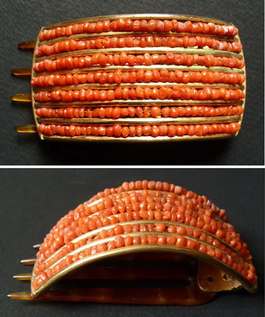 Peigne barrette pour cheveux  corail et métal doré Bijou  ancien corallo comb
