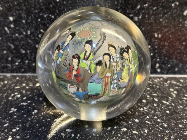 Chinese Hand Painted Reverse Art Glass Globe Paperweight  4.5" Ladies Garden 2