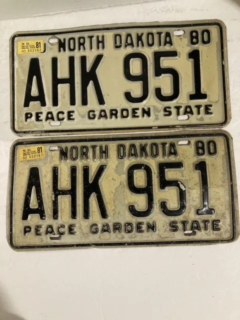 Vintage North Dakota 1980-81 Pair License Plates.  Peace Garden State AHK  951