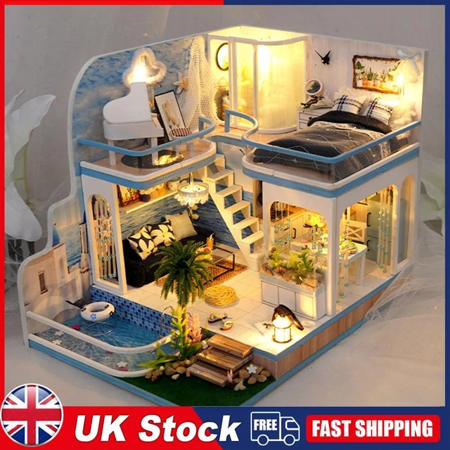 Wooden Model House Kit with Dust Cover/Light/Accessories DIY Doll House