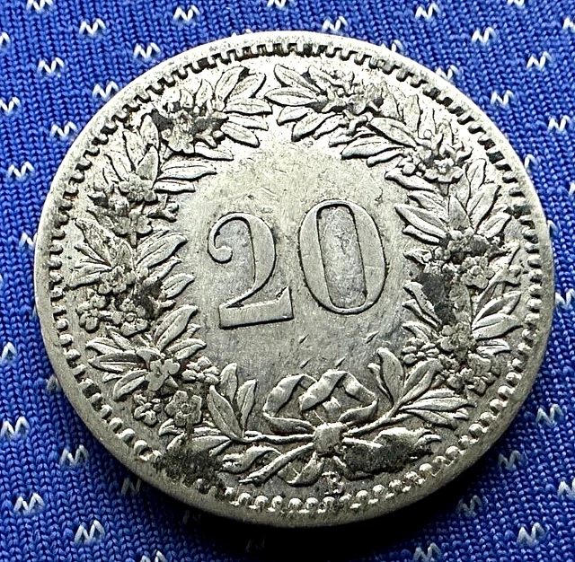 1885 Switzerland 20 Rappen Coin XF AU  ( 3 Million Minted )  World Coin #M584