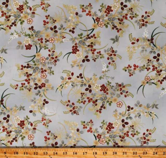 Cotton Flowers Delicate Florals Gold Metallic Fabric Print by the Yard D486.79