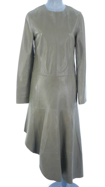 Abito da studio stand in pelle maxi asimmetrico cachi verde oliva nappa UK 8