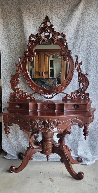 Antique Hand-Carved Vanity Dressing Table With Mirror