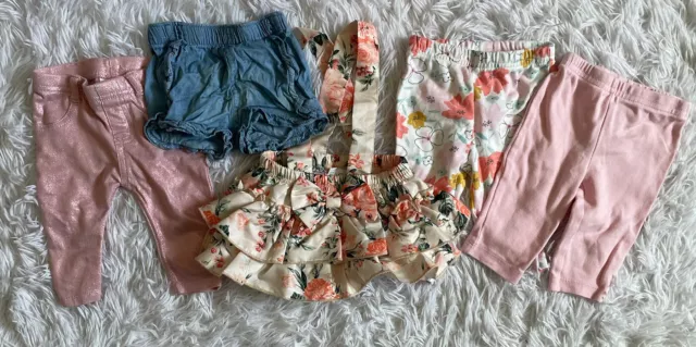 Baby Girl 0-3M Bottoms Lot Of 6 Pants Shorts Suspender Skirt Ruffle Butt Floral