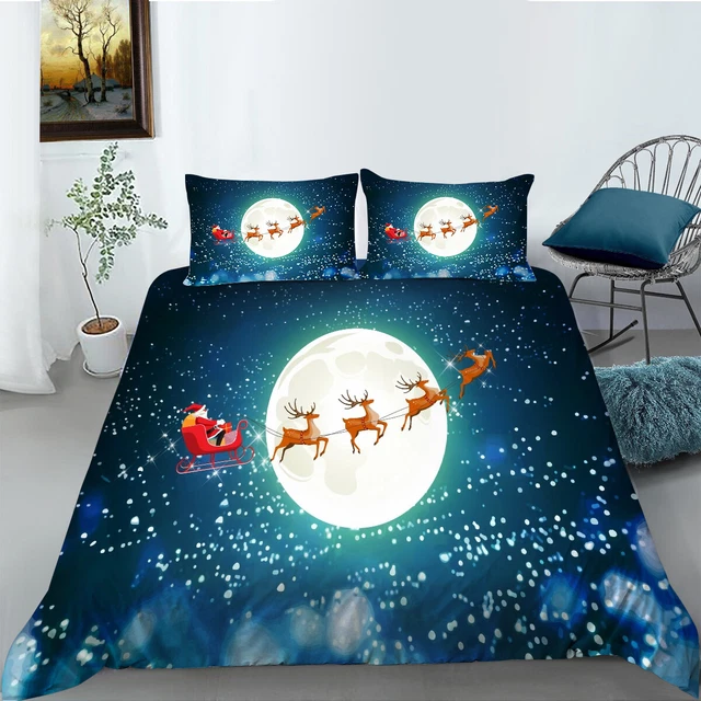 Weihnachten Schneeflocke Blau Weihnachten Nachthimmel 3D Santa Bettbezug-Set