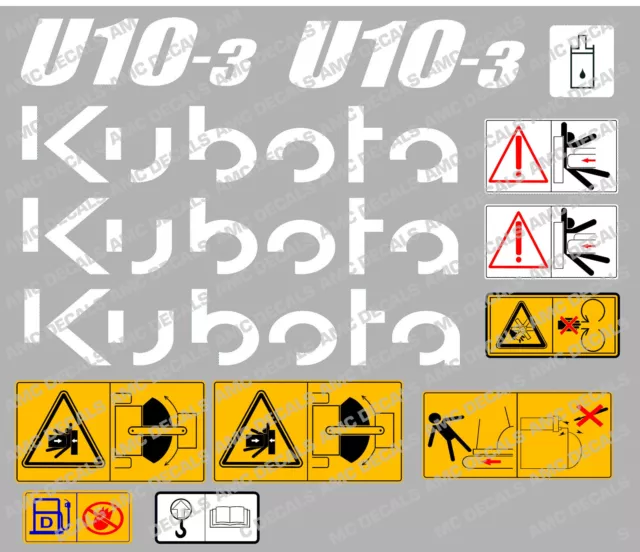 Kubota U10-3 Mini Digger Complete Decal Set With Safety Warning Signs