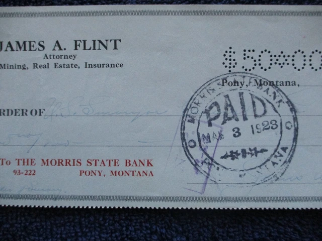 1923 John Gilman Bullard (100 year old) Surveyor General Montana Signed Check