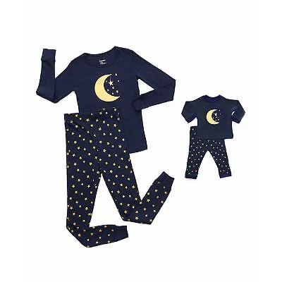 Leveret Girl and Doll Cotton Pajamas Moon & Stars 2 Year, blue, Size 2 Years