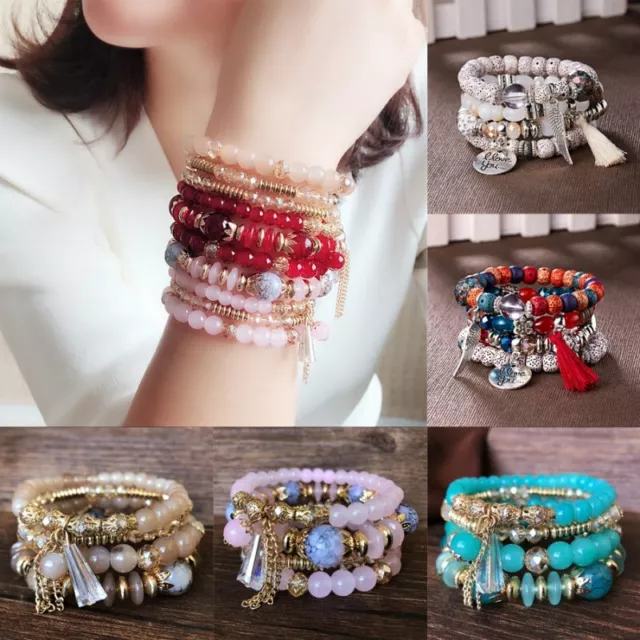 4Pcs Boho Multilayer Natural Stone Crystal Bangle Beaded Bracelet Jewelry Set