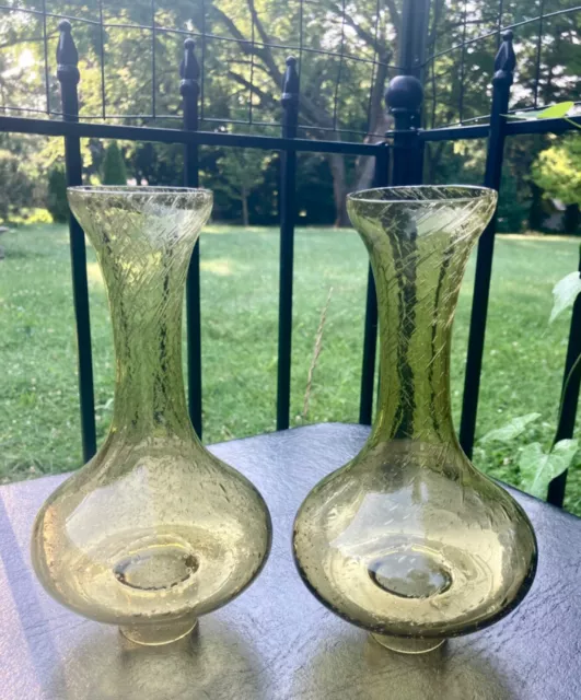 Vtg MCM Handblown Chartreuse Green Bubble Glass Candle Chimney Shade Globe Pair