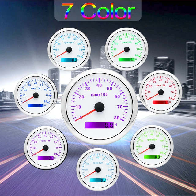 85mm 7 Colors LED Car Marine Boat Tachometer Gauge w/Digital Hourmeter 0-8000RP