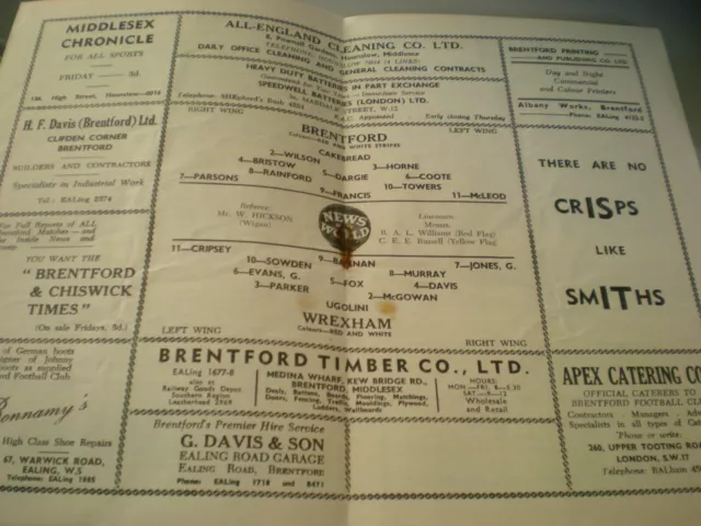 BRENTFORD v WREXHAM, 3rd JANUARY 1959, RUSTY STAPLE, NO WRITING, VGC. 2