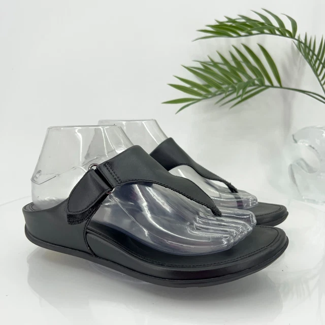 Fitflop Women Vera Sandal Size 8 Black Leather Thong Slide Flip Flop Adjustable 2
