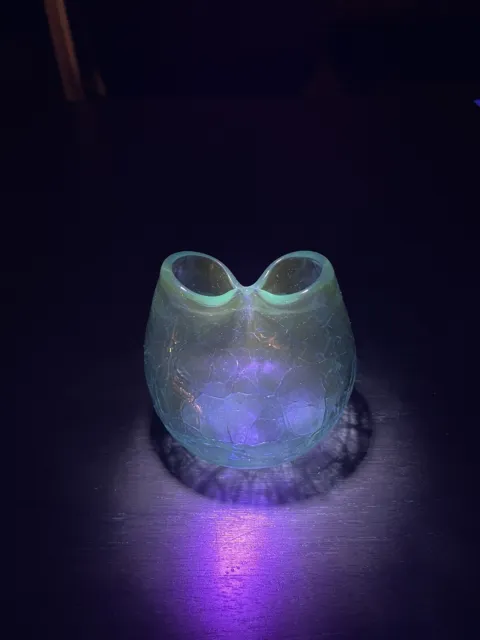 Vintage Blenko Blue Crackle Art Glass Pinched Top Vase Hand Blown 3.75" Uranium