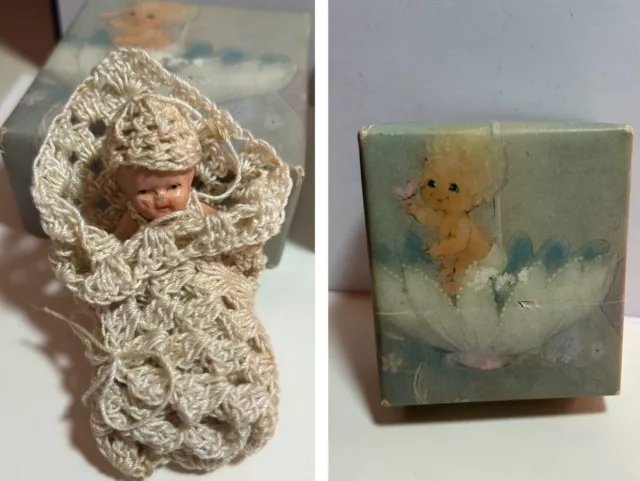 Antique Vintage Bisque Porcelain Jointed Mini Baby Doll Japan Hand Crotchet Box