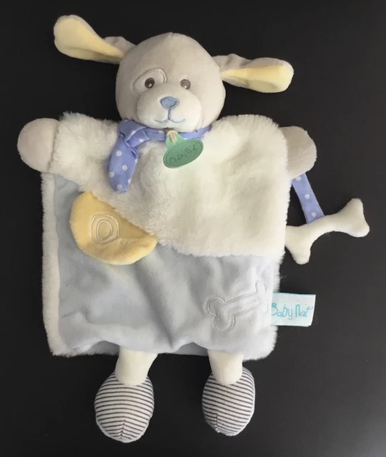 Doudou Marionnette Chien gris blanc bleu jaune os douillettes BN0282 Baby Nat