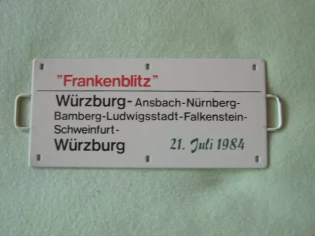 Zuglaufschild, Metall Miniatur,"Frankenblitz"Würzburg-Bamberg-Würzburg 1984