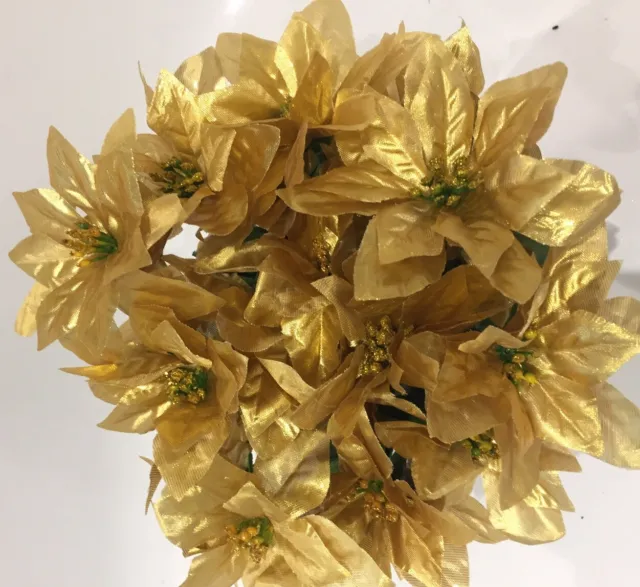 Gold Poinsettia Bunches X 3 Artificial Silk Xmas Flowers Home Grave Crafts
