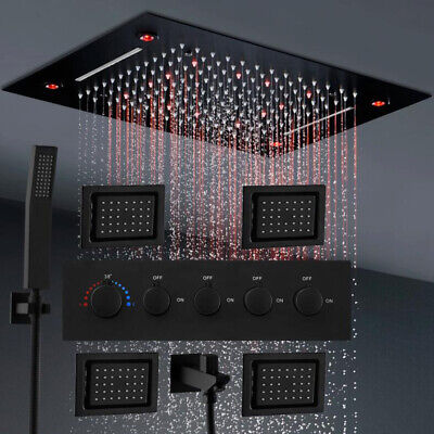 Negro LED Sistema de Ducha Cabezal de Ducha Cascada Set Con Válvula Termostática Mezcladora