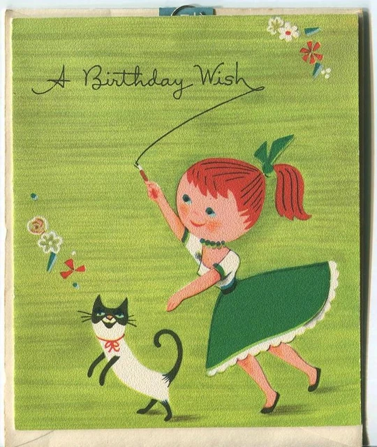 VINTAGE GIBSON REDHEAD Girl Siamese Cat Modern Retro Birthday Greeting