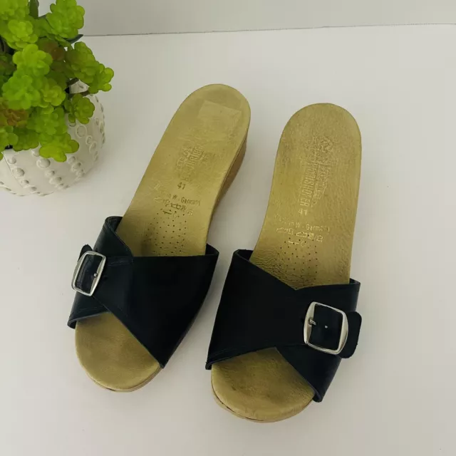 Worishofer Shoes Womens 10.5 US 41 EU Black Leather Cork Wedge Sandal W. Germany