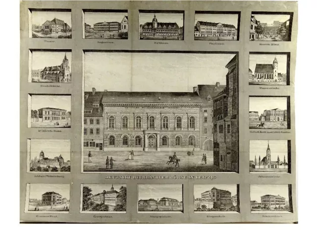 LEIPZIG BUCHHÄNDLERBÖRSE SOUVENIRBLATT MIT 16 DETAILANSICHTEN Orig. Litho.1845