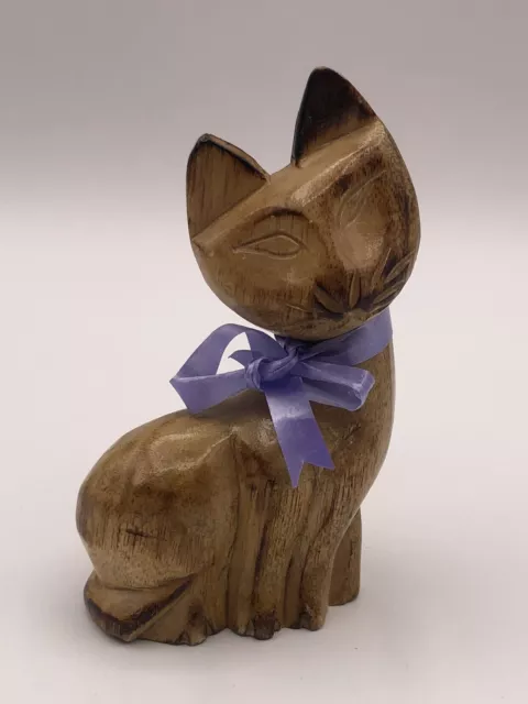 Wooden Siamese Cat With Ribbon Hand Carved in the Philippines 4.25”