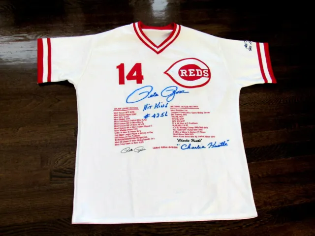 Pete Rose Hit King 4256 Charlie Hustle Reds Signed Auto Stat Le Home Jersey Rose