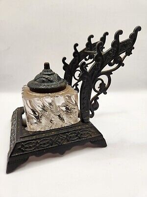 ANTIQUE INKWELL with GLASS INWELL CONTAINER and LID
