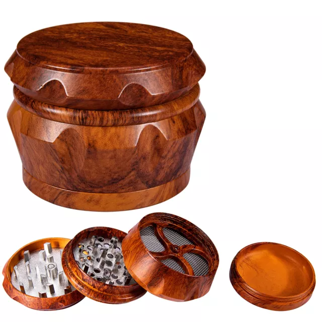 Large WOOD Tobacco Herb Grinder 4 Piece 2.5'' Smoke Crusher Muller Magnetic LID