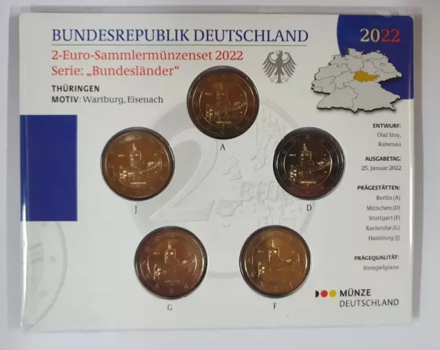 5x 2 Euro Gedenkmünze BRD / Deutschland 2022  - ST - Thüringen ADFGJ Blister vfs