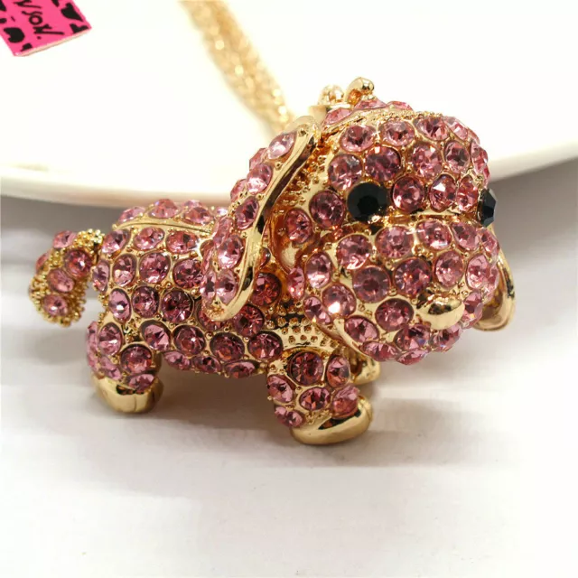 Fashion Women Pink Cute 3D Dog Puppy Crystal Pendant Sweater Necklace