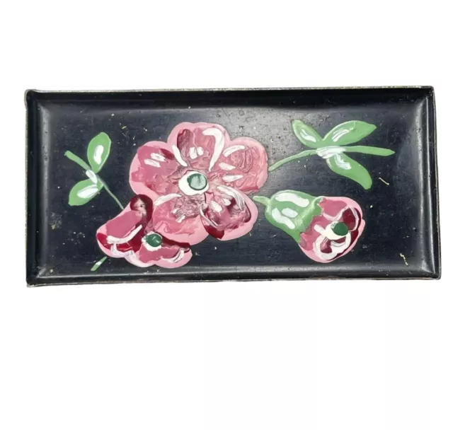 Rectangle Mini Tole Ware Tray Brooch Hand Painted Pink Flowers Vintage Black