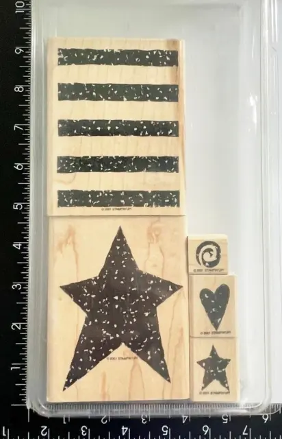 Stampin Up Old Glory 2001 Patriotic Flag Star Heart Swirl Rubber Stamp Set of 5