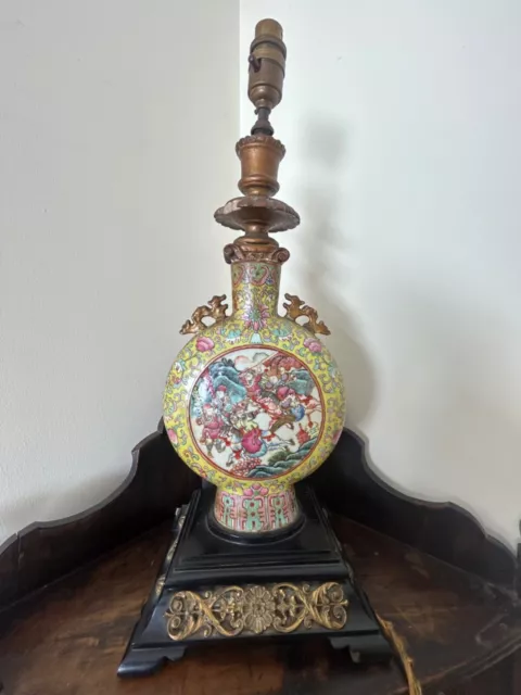 Chinese Antique Famille Rose Porcelain Moon Flask Vase 19th Century Table Lamp