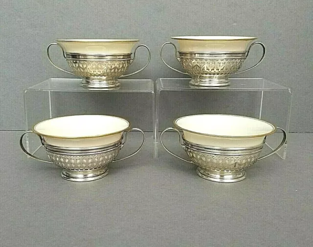 4 Cream Soup Bouillon Bowls Gorham Sterling Silver Lenox Liners