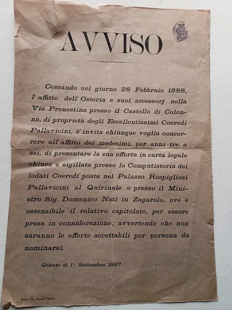 Documento Esposto Con Bollo Affitto Osteria Pallavicini I Via Prenestina 1887 Documento Esposto Con Bollo Affitto Osteria Pallavicini I Via Prenestina 1887