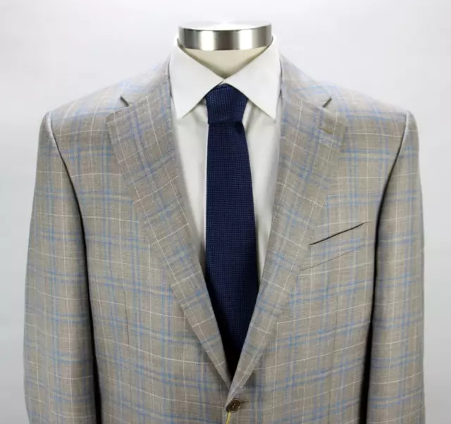 CANALI SPORT COAT 44 L (54 EU) Men's Tan Blue Plaid Wool Silk Linen ...
