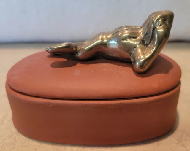 Vintage Omnibus Taiwan Brass Frog On Clay Trinket Box - Laying Frog