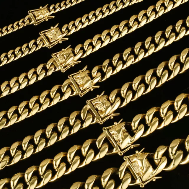 Men's Miami Cuban Link Bracelet Chain 14K Gold Plated Stainless Steel Necklace