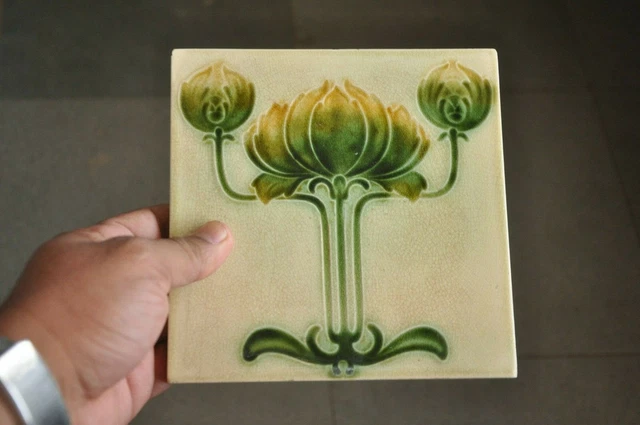 4 Pc Vintage Majolica Floral Design Decorative Art Ceramic Tile , England 3
