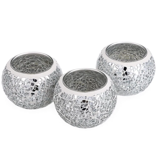 3PCS Mosaic Glass Tea Light Holders Round Bowl Votive Candle Holders