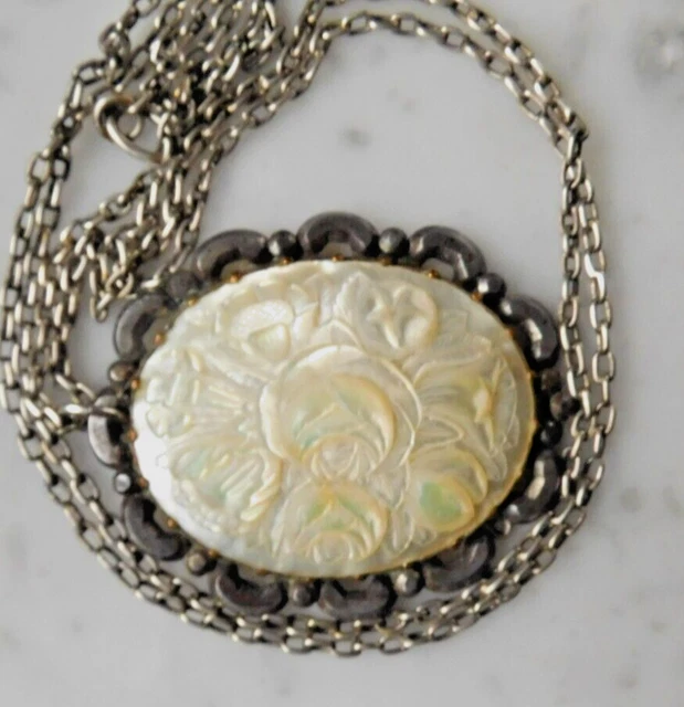 GROSSER ANTIKE MUSCHEL Perlmutt Anhänger Kamee Kette 1900 Dresden Elbe ...